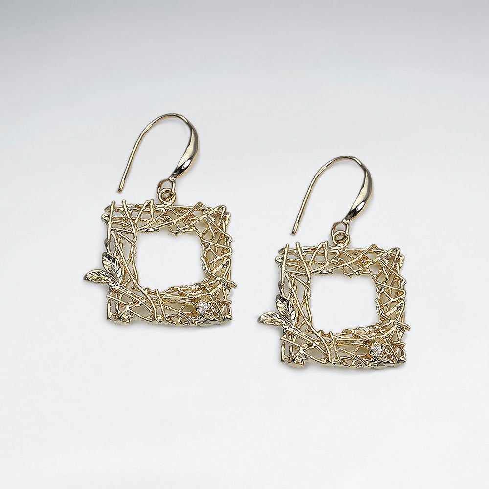 18 K Flash Exquisite Gold Plating Ornate Open Square Drop Dangle Earrings With CZ