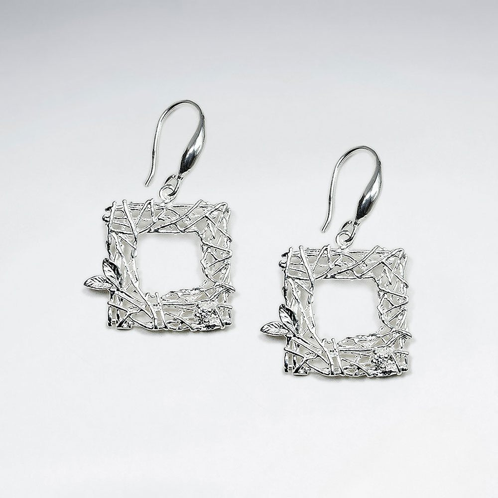 18 K Flash Exquisite Gold Plating Ornate Open Square Drop Dangle Earrings With CZ