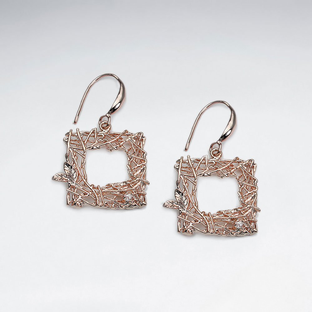 18 K Flash Exquisite Gold Plating Ornate Open Square Drop Dangle Earrings With CZ