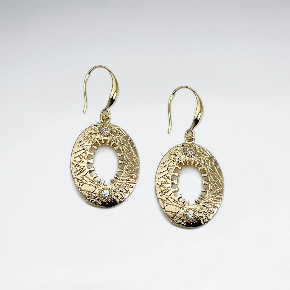18 K Gold Plating Open Oval Drop Earrings With Shepherds Hook and CZ