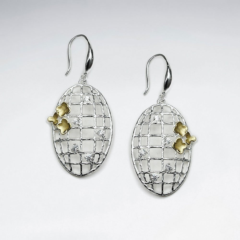 Silver Earring With 18 K Flash Two Tone Plating Oval Net Drop Earrings with Netting Detail and CZ