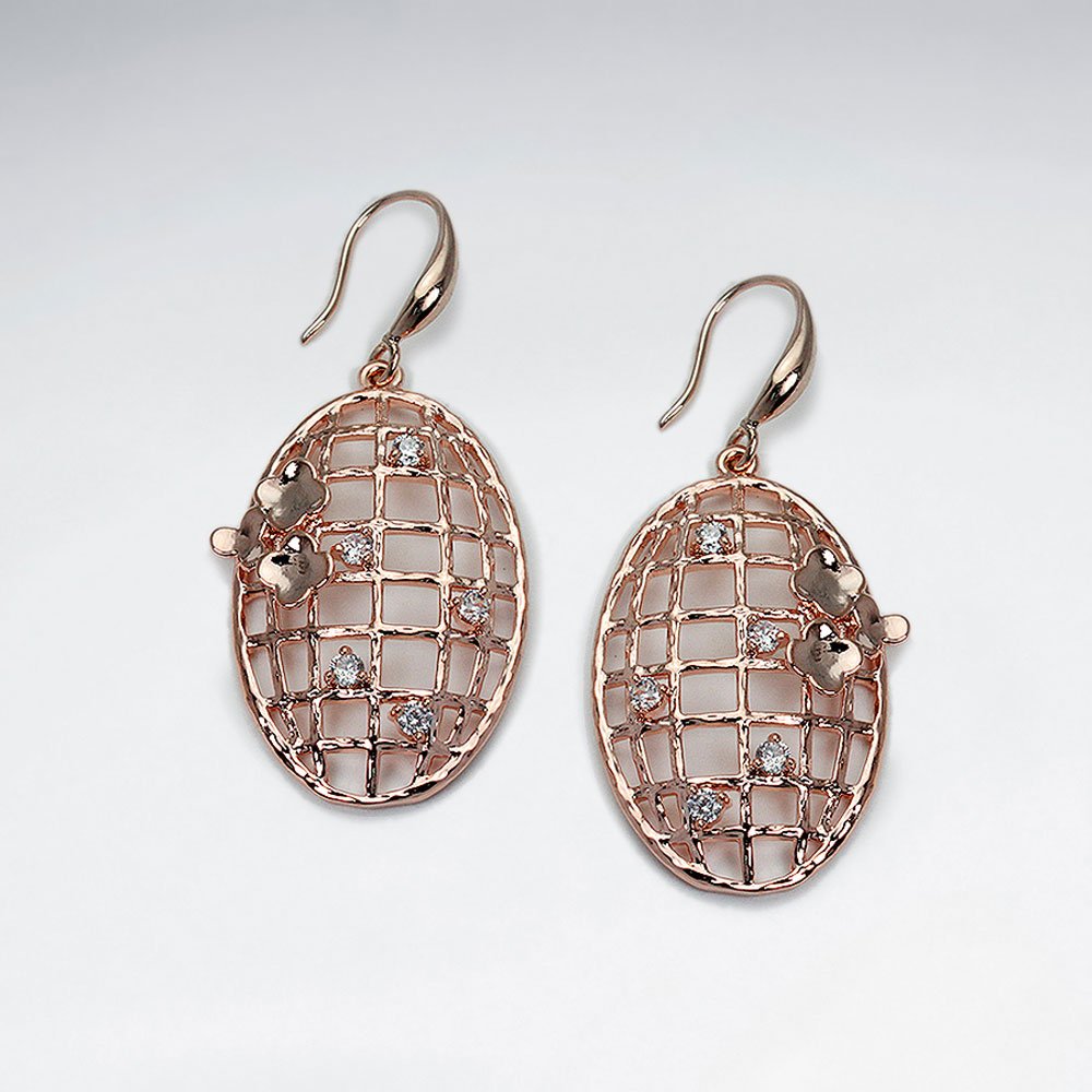 Silver Earring With 18 K Flash Two Tone Plating Oval Net Drop Earrings with Netting Detail and CZ