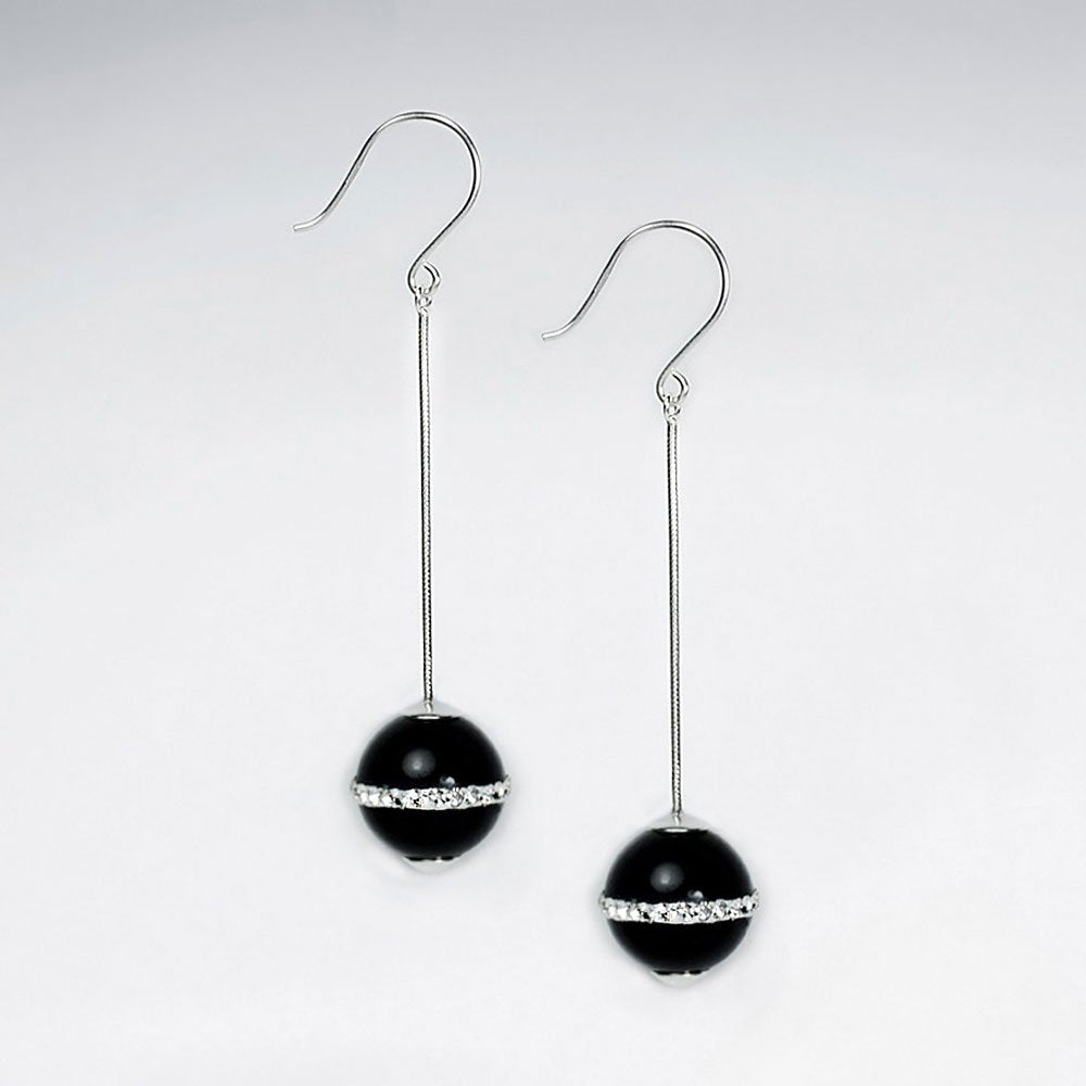 12 mm Round Black Gemstone Dangle Drop Earrings With White CZ Stripe Suspended from Silver Chain and Hook