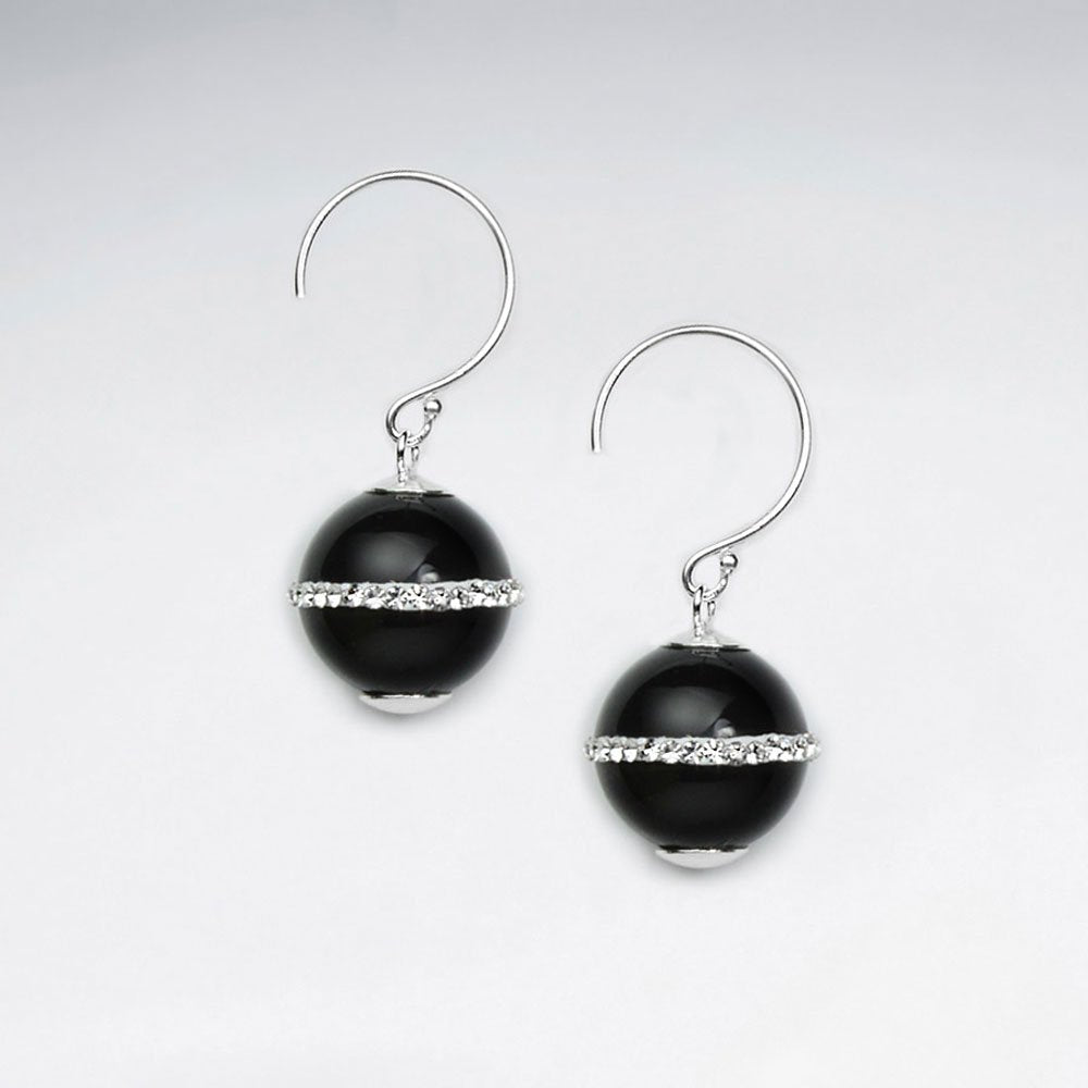 12 mm Round Black Stone Earring With White CZ Stripe