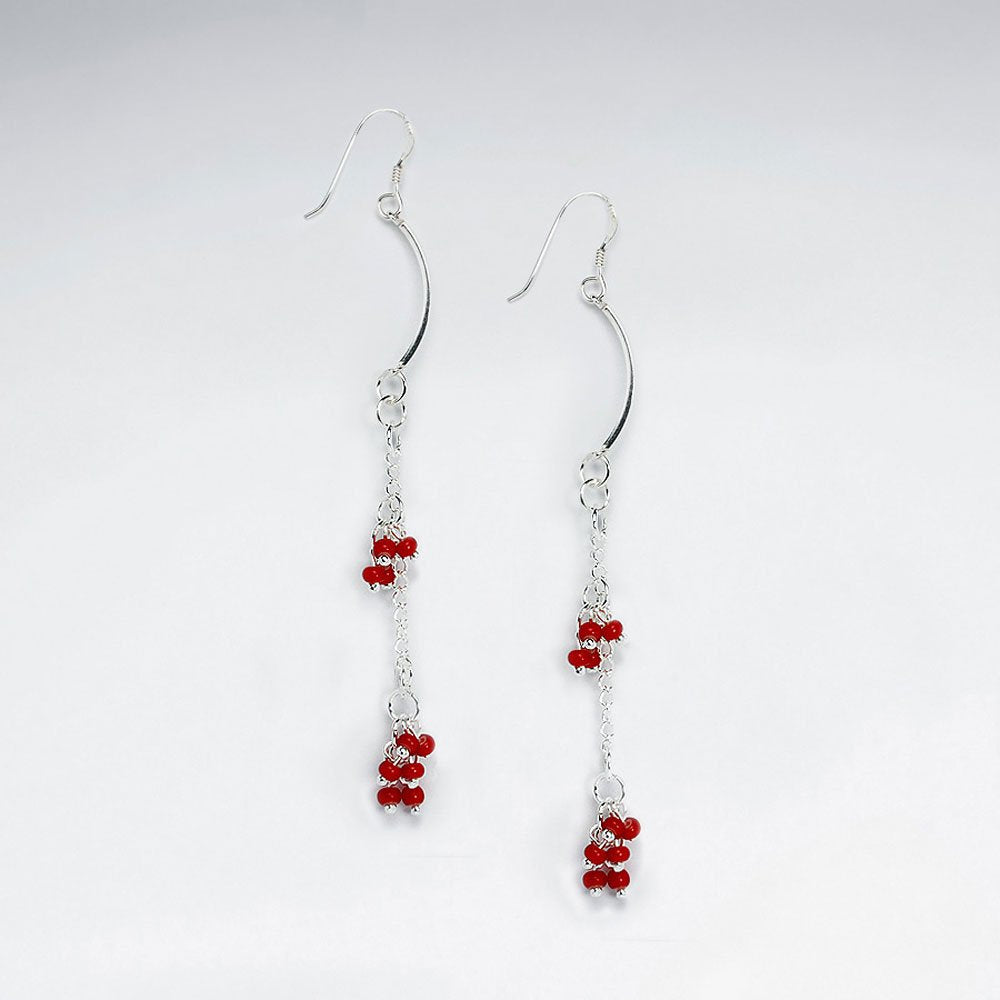 Red Glass Bead Cascade Earring With Silver Tube