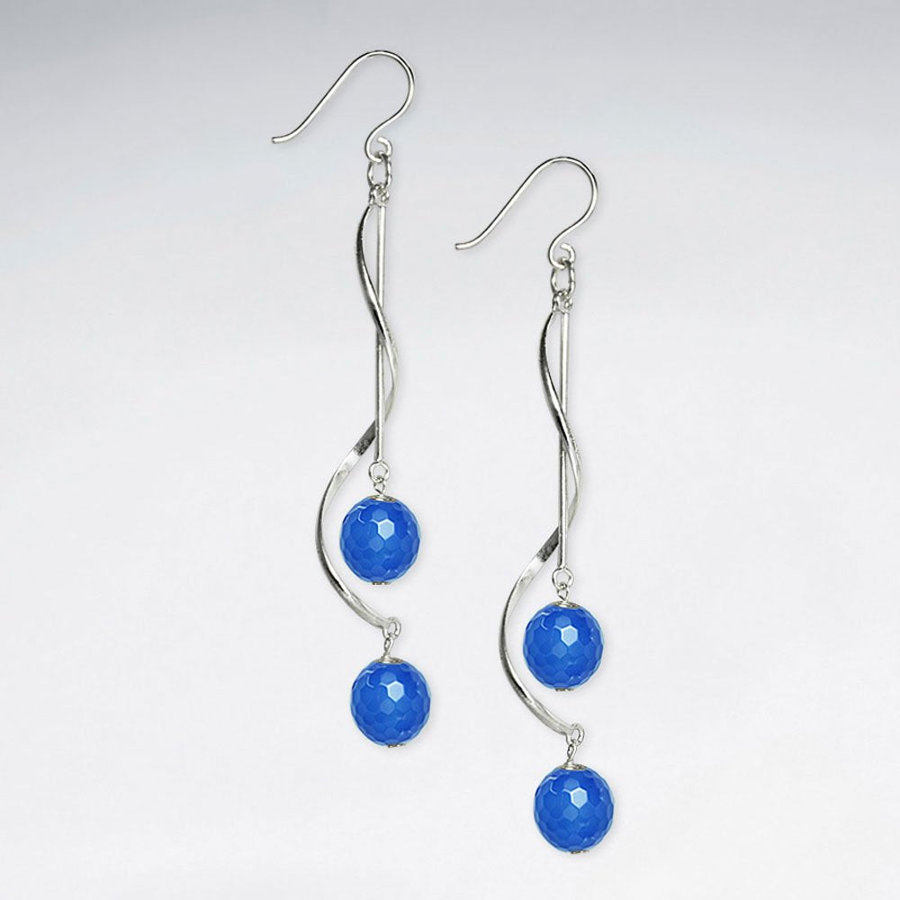 Twisted Silver Earring With Double Faceted Blue Agate