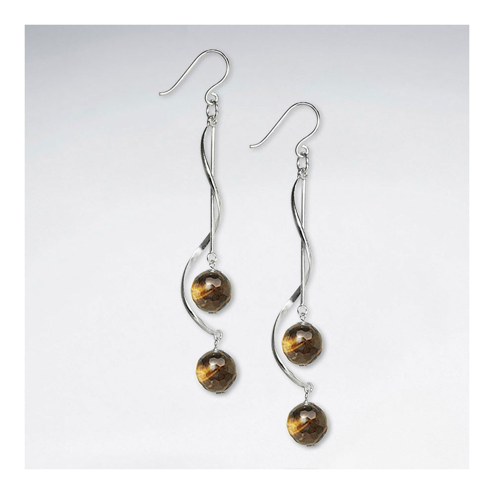 Twisted Silver Earring With Double Faceted Blue Agate