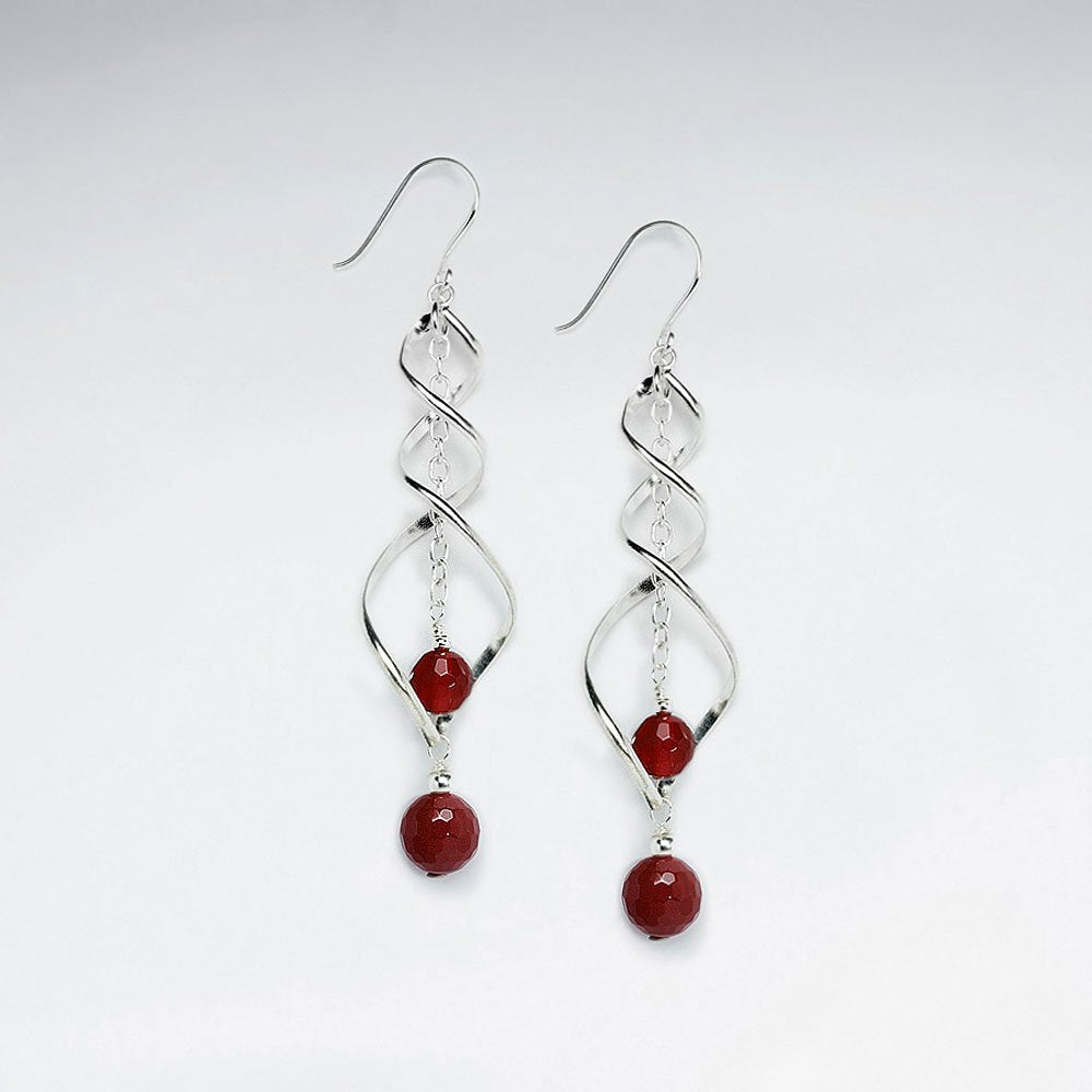 Intertwined Silver Earring with Double Round Faceted Carnelian