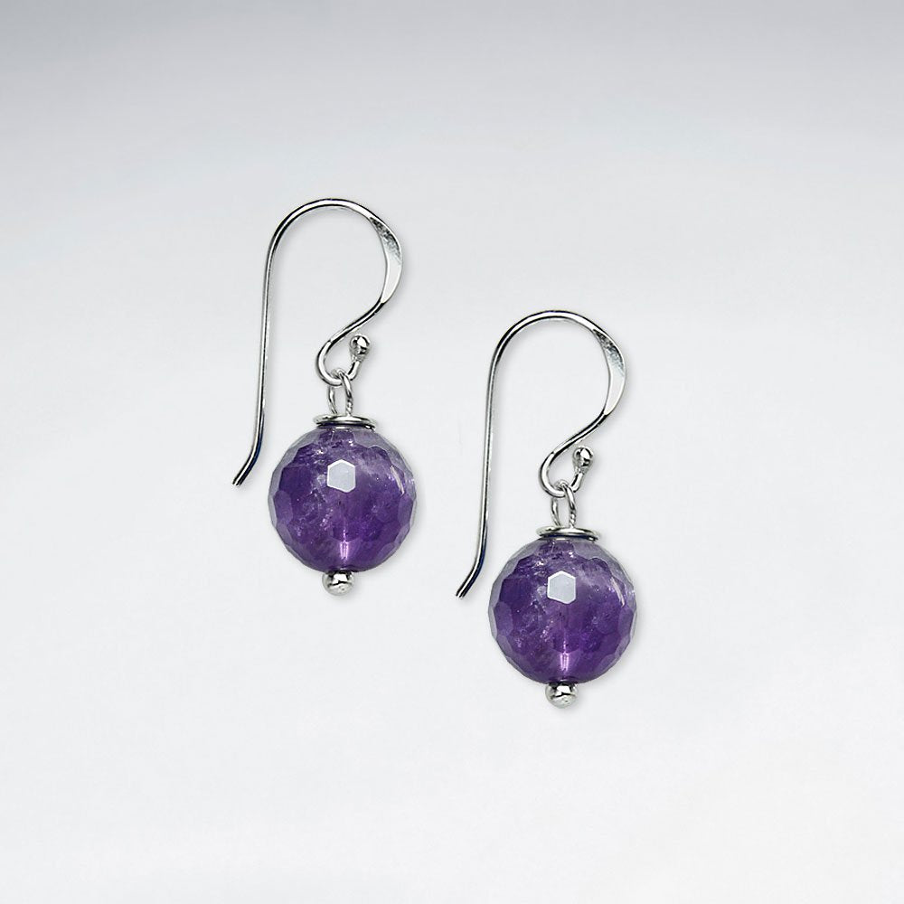 10 mm Round Faceted Amethyst Dangling Silver Earring