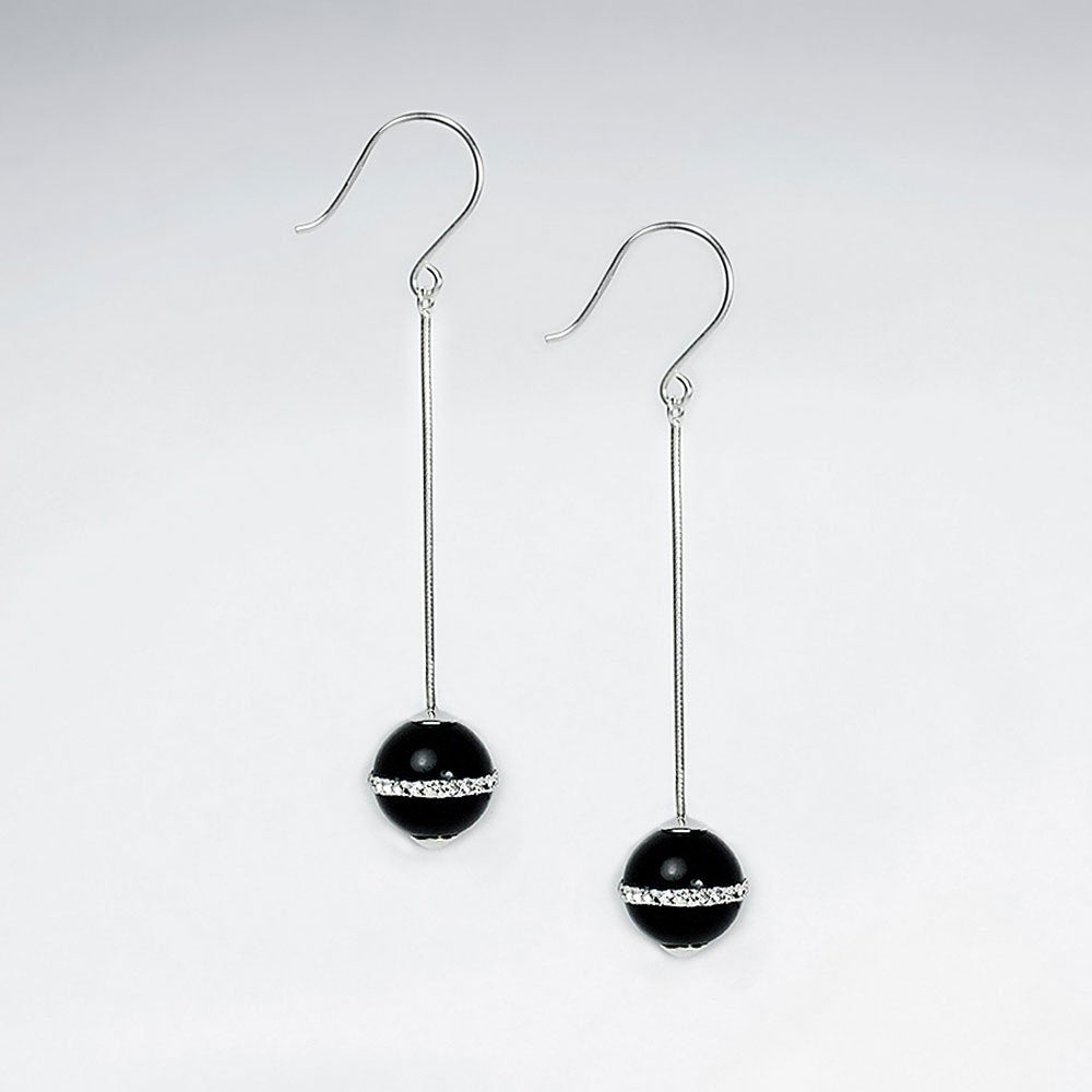 12 mm Round Black Gemstone Dangle Drop Earrings With White CZ Stripe Suspended from Silver Chain and Hook