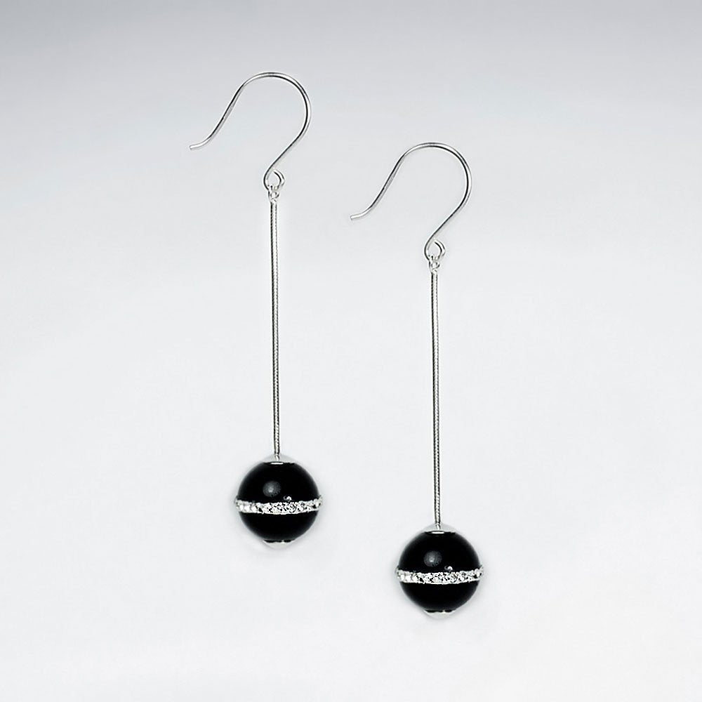 12 mm Round Black Gemstone Dangle Drop Earrings With White CZ Stripe Suspended from Silver Chain and Hook