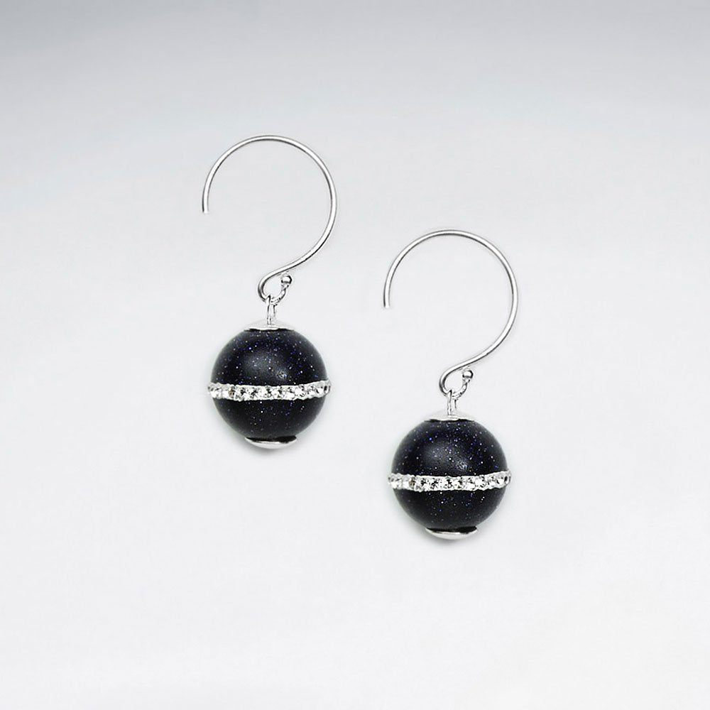 12 mm Round Black Stone Earring With White CZ Stripe