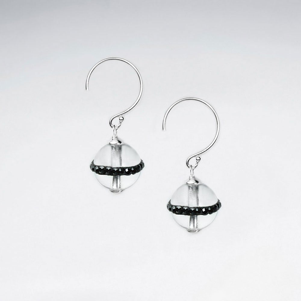 12 mm Round Black Stone Earring With White CZ Stripe