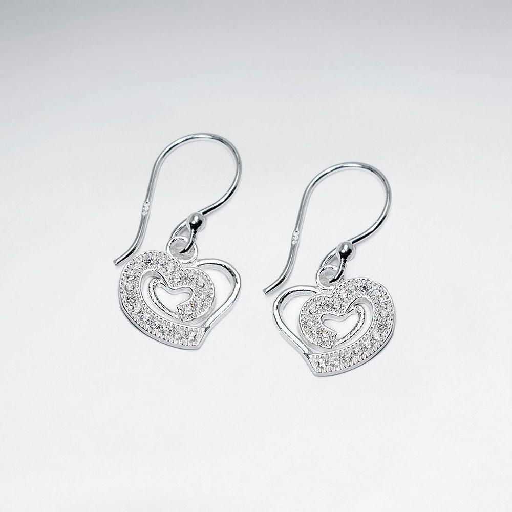 Delicate Heart Cutout Cubic Zirconia Studded Drop Hook Earrings