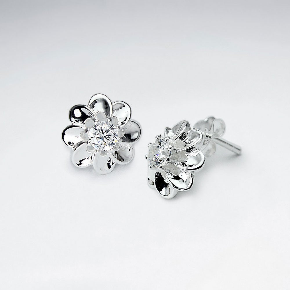 Flower Silver Eatting With White CZ