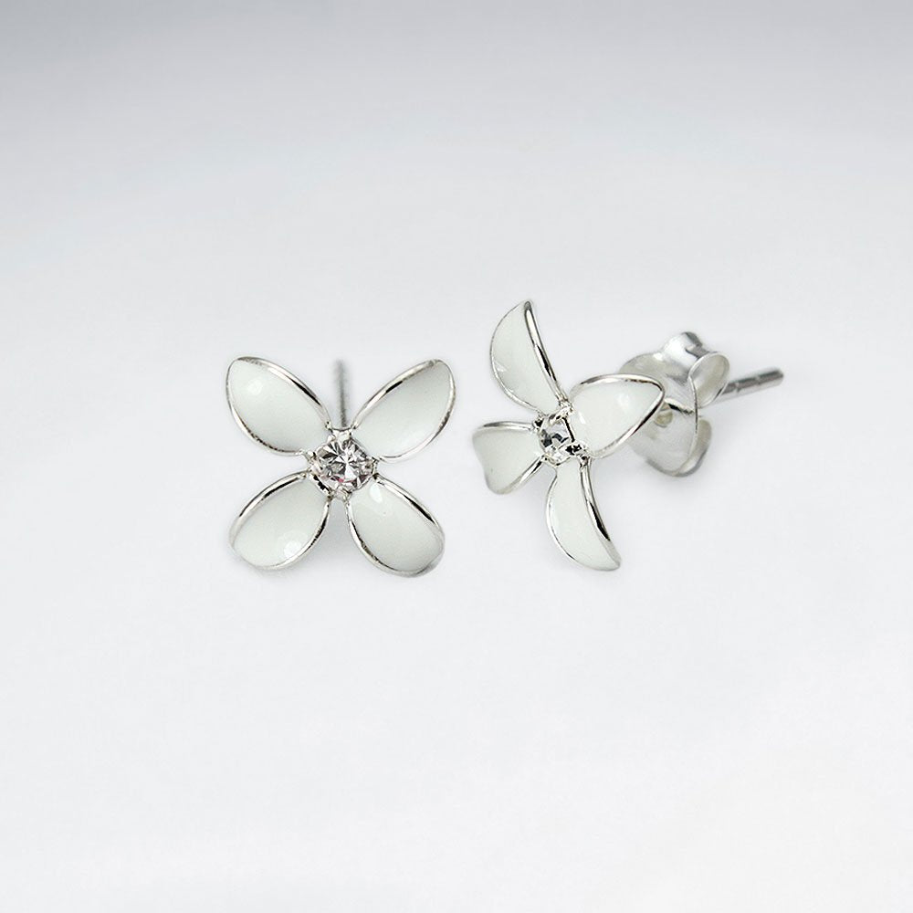 Bluets Flower Silver Earring With Enamel And CZ