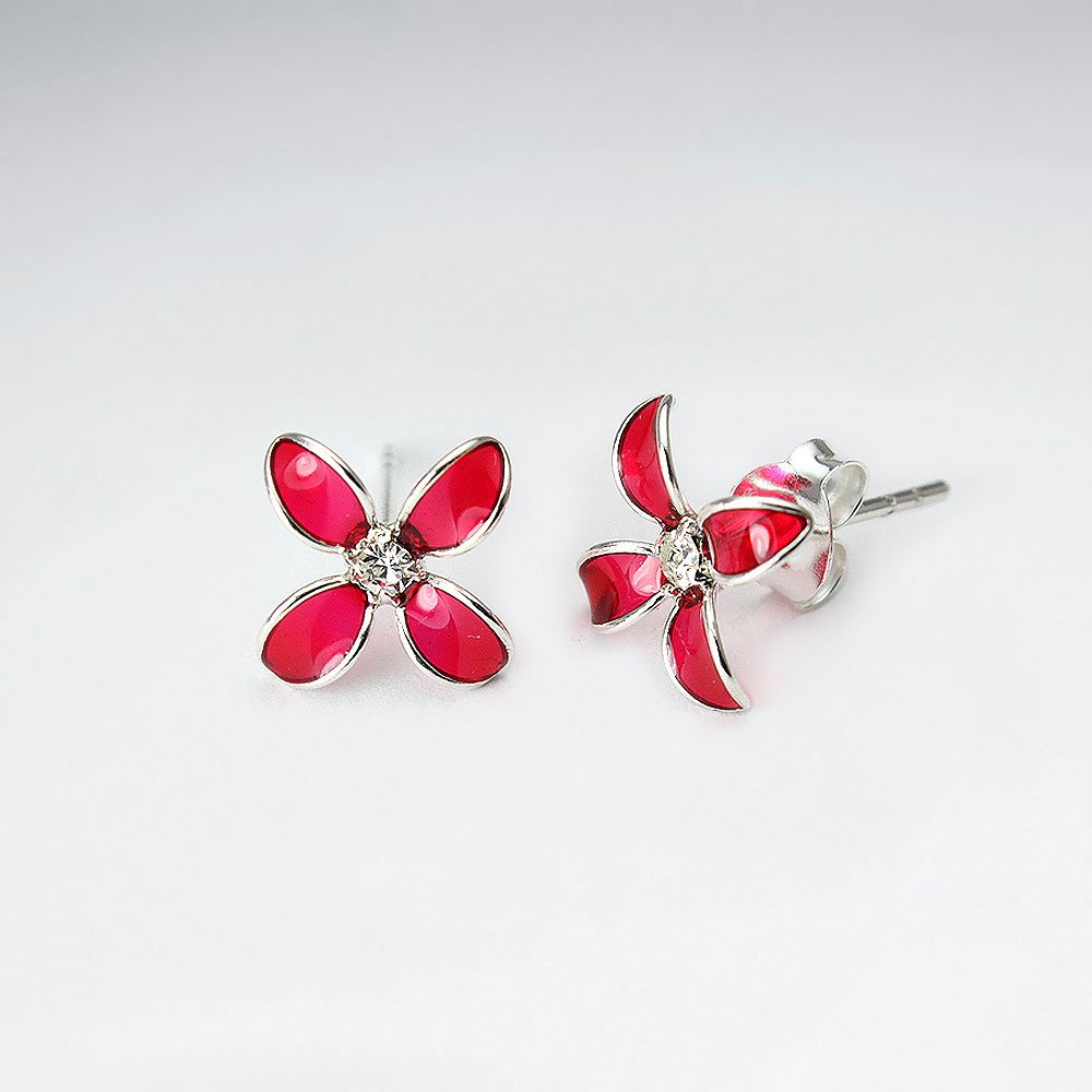 Bluets Flower Silver Earring With Enamel And CZ