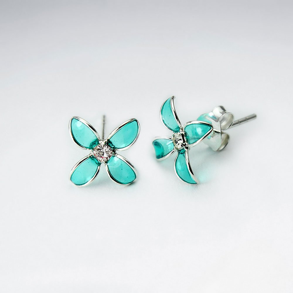 Bluets Flower Silver Earring With Enamel And CZ