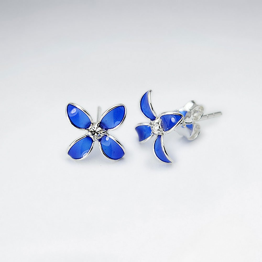 Bluets Flower Silver Earring With Enamel And CZ