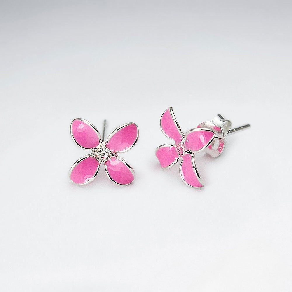 Bluets Flower Silver Earring With Enamel And CZ