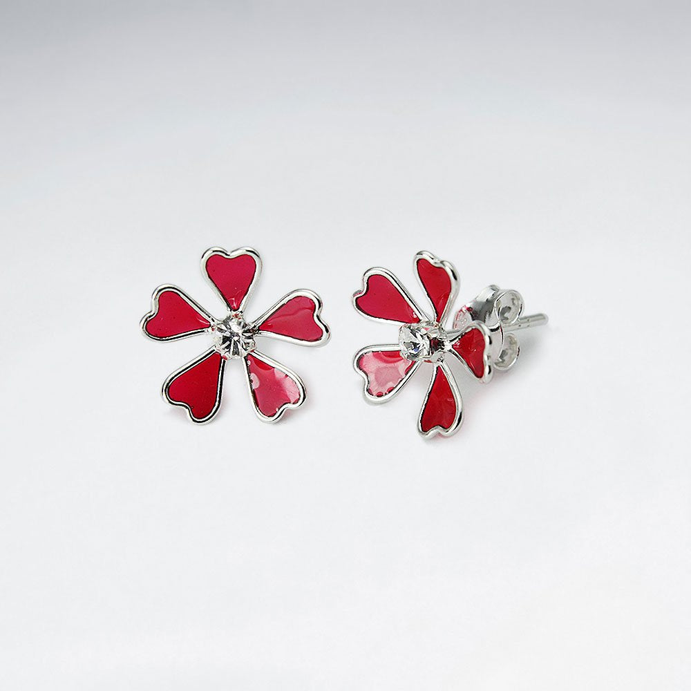 Enamel Love Five Petal Stud Silver Earring With White CZ