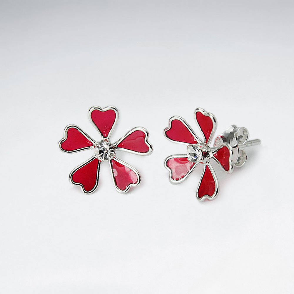 Enamel Love Five Petal Stud Silver Earring With White CZ