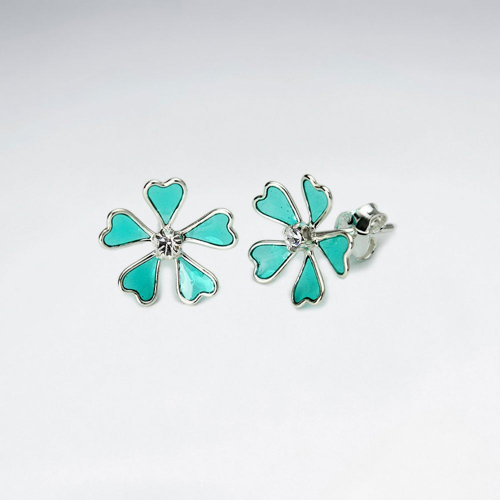Enamel Love Five Petal Stud Silver Earring With White CZ
