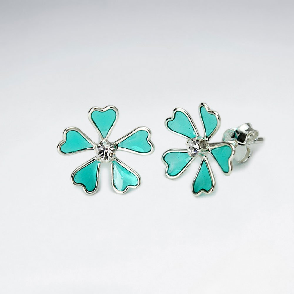 Enamel Love Five Petal Stud Silver Earring With White CZ