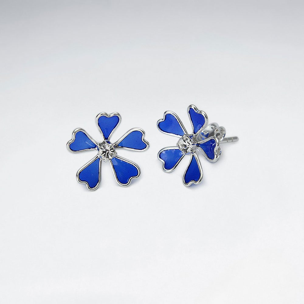 Enamel Love Five Petal Stud Silver Earring With White CZ