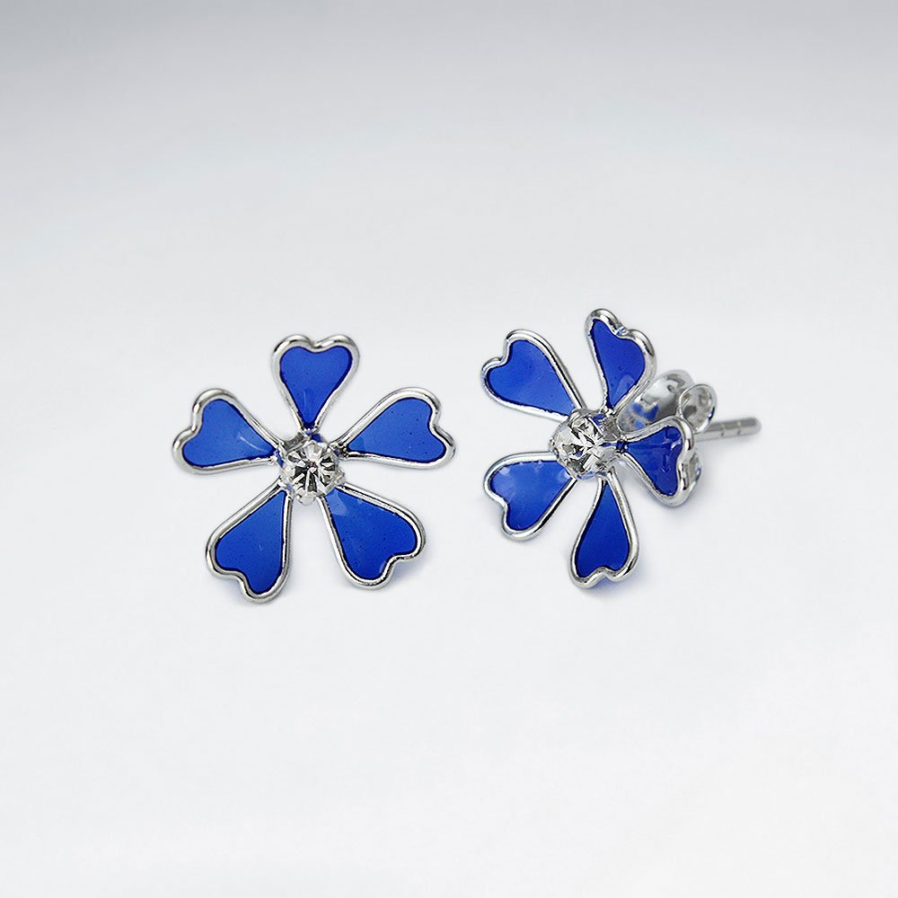 Enamel Love Five Petal Stud Silver Earring With White CZ