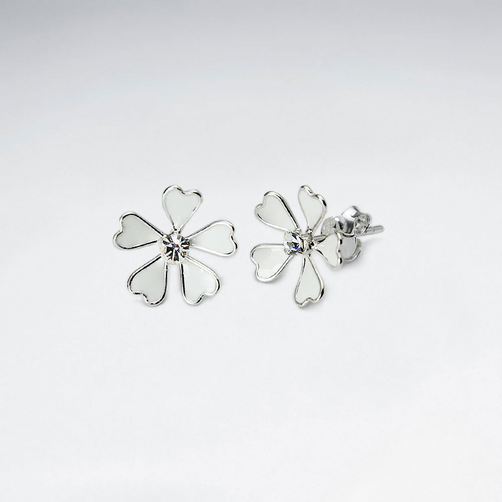 Enamel Love Five Petal Stud Silver Earring With White CZ