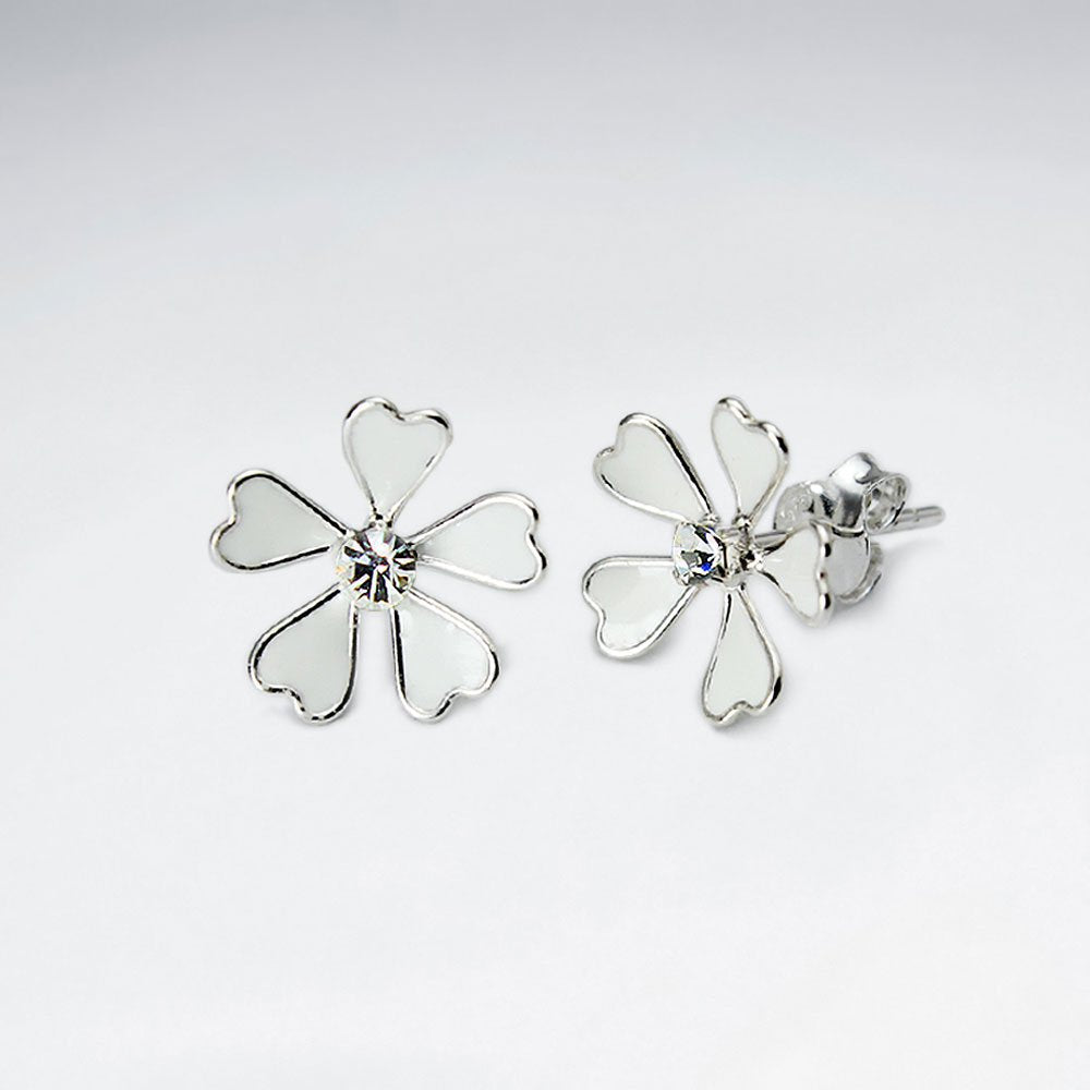 Enamel Love Five Petal Stud Silver Earring With White CZ