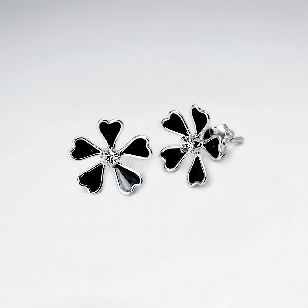 Enamel Love Five Petal Stud Silver Earring With White CZ
