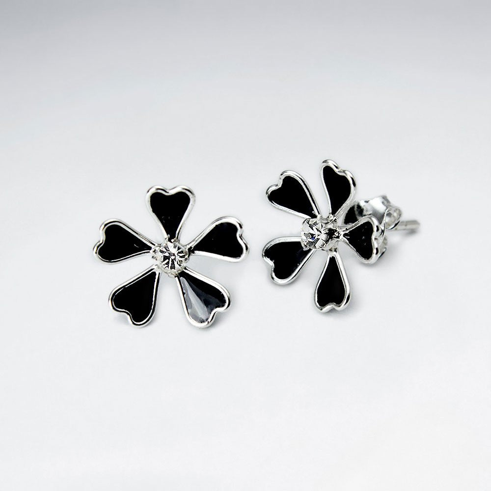 Enamel Love Five Petal Stud Silver Earring With White CZ