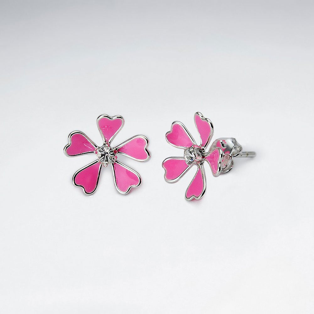 Enamel Love Five Petal Stud Silver Earring With White CZ