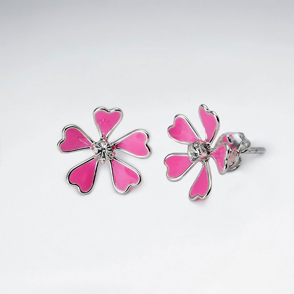Enamel Love Five Petal Stud Silver Earring With White CZ