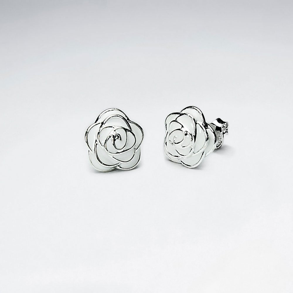 White Rose Enamel Silver Stud Earring