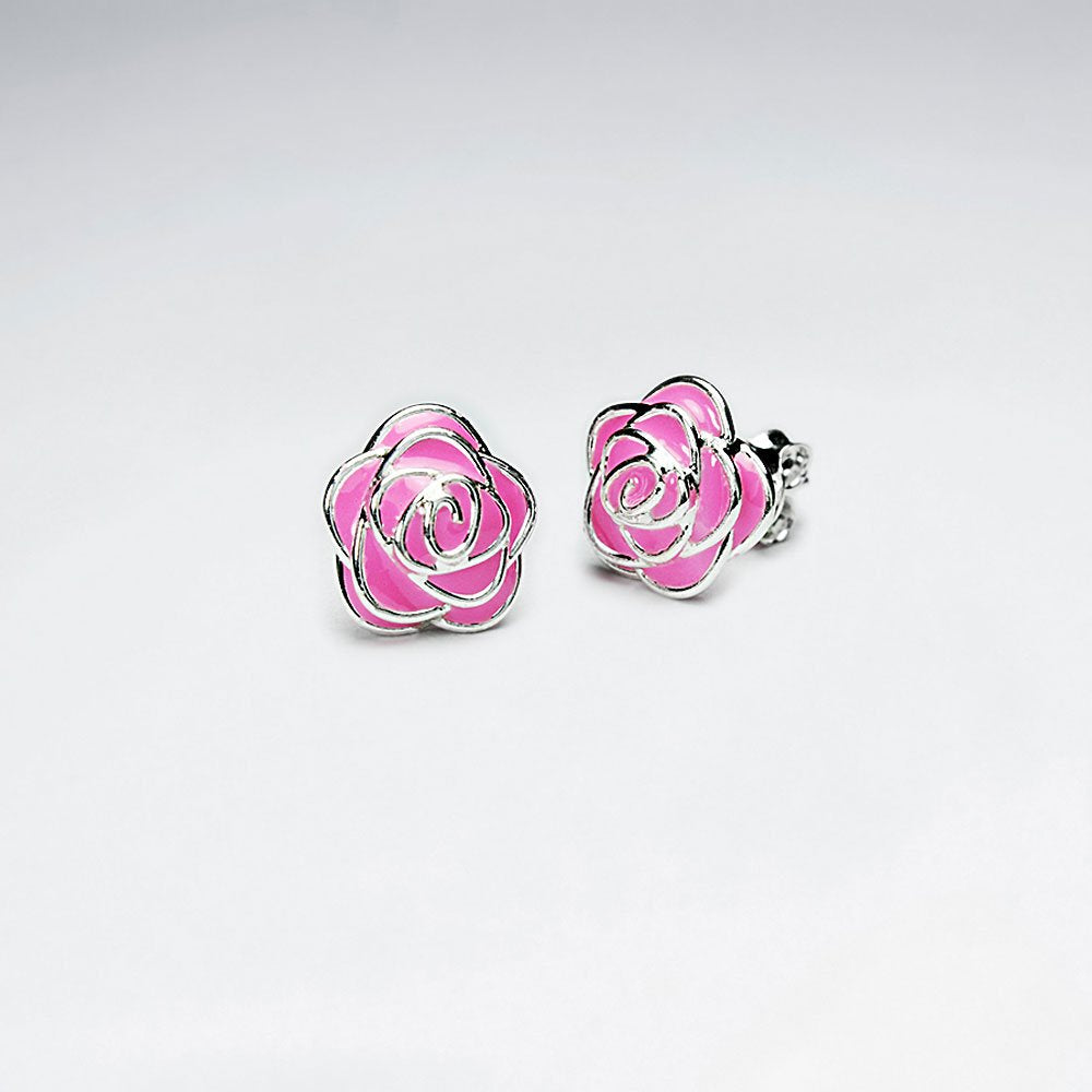White Rose Enamel Silver Stud Earring