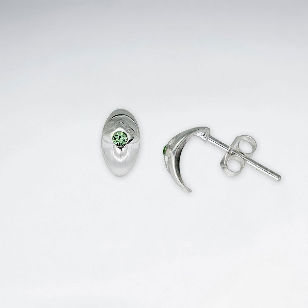 Delicate Silver Stud Earrings With Green Cubic Zirconia Accent