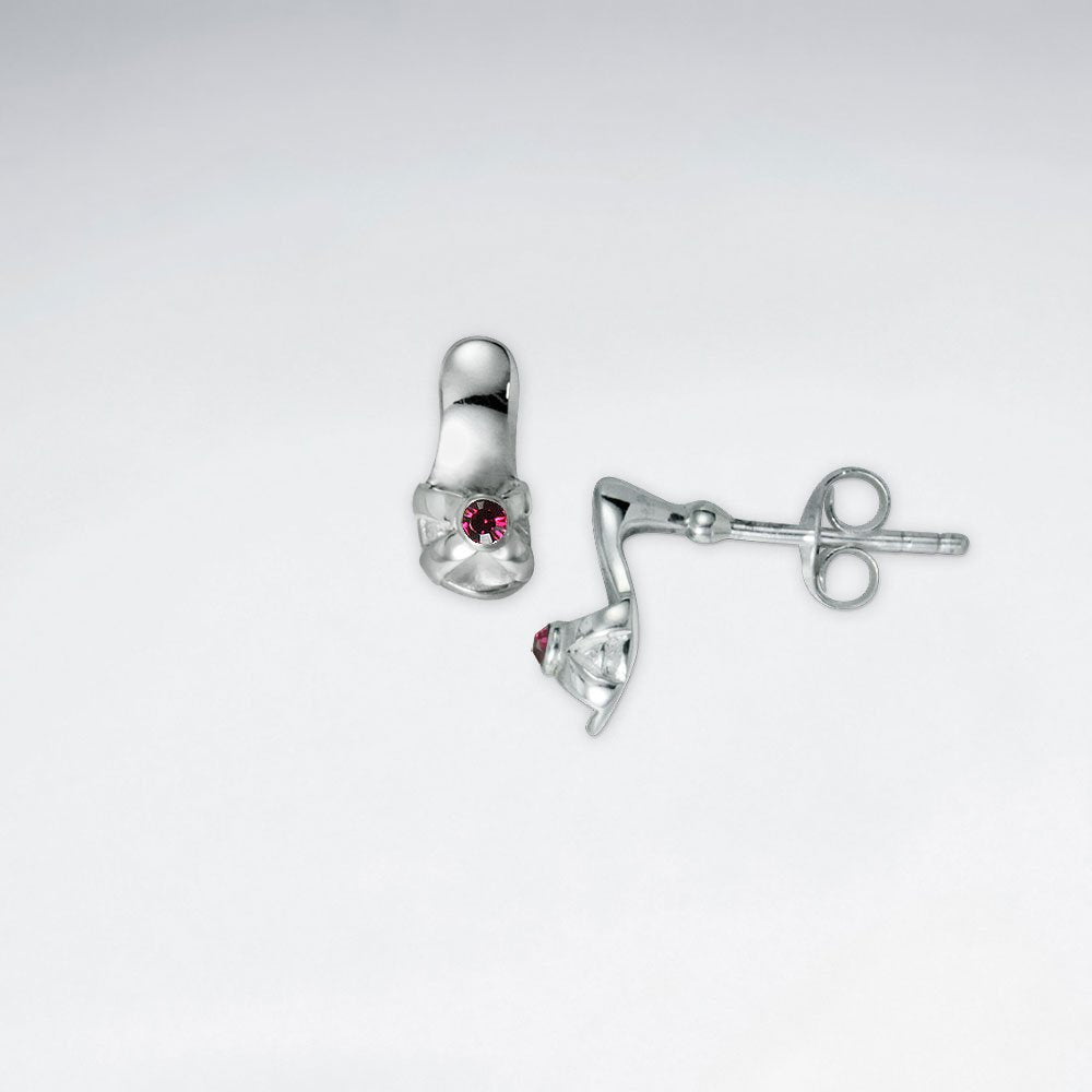 High-Heeled Stud Silver Earring Shoe With Red CZ
