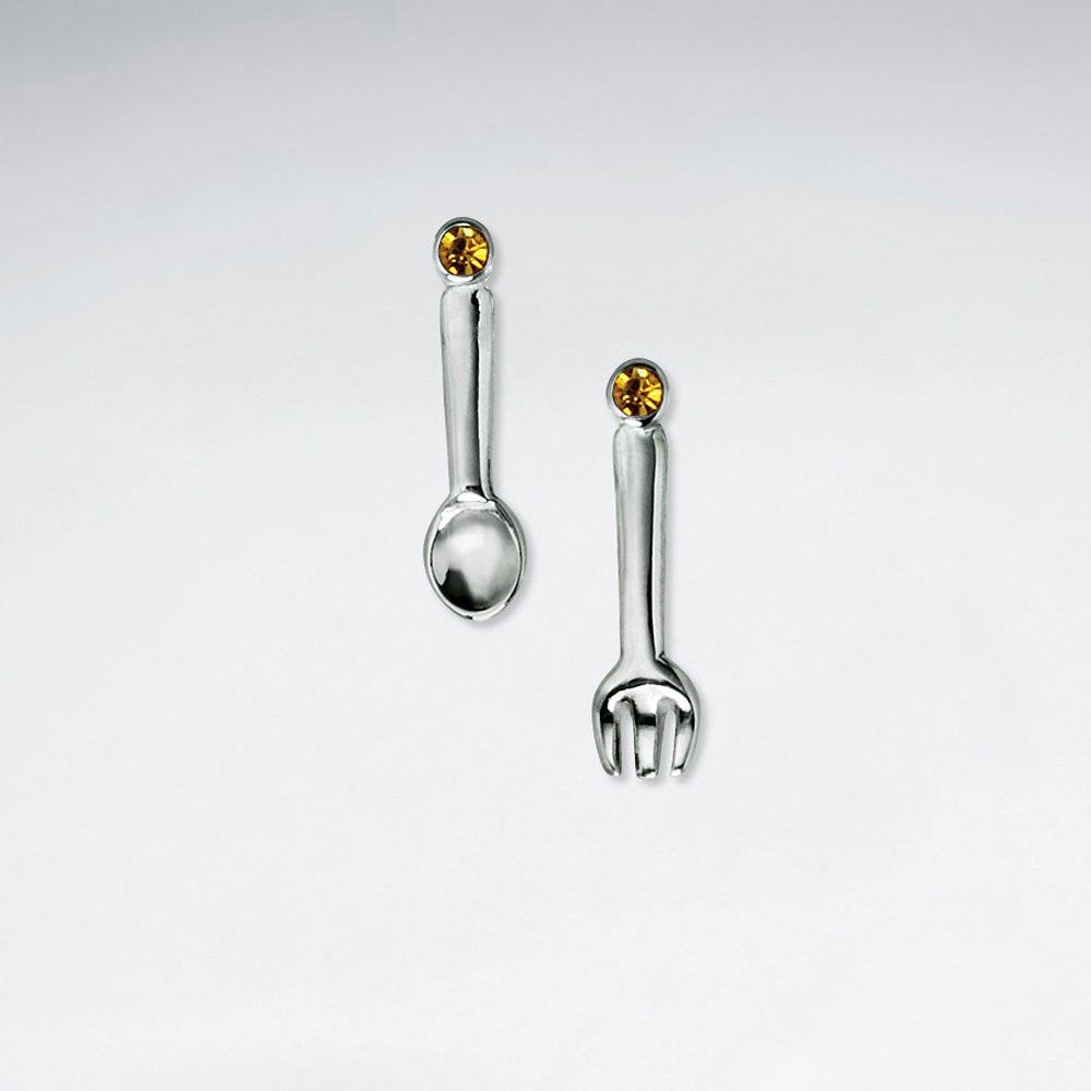 Spoon And Fork Stud Silver Earring With Orange CZ