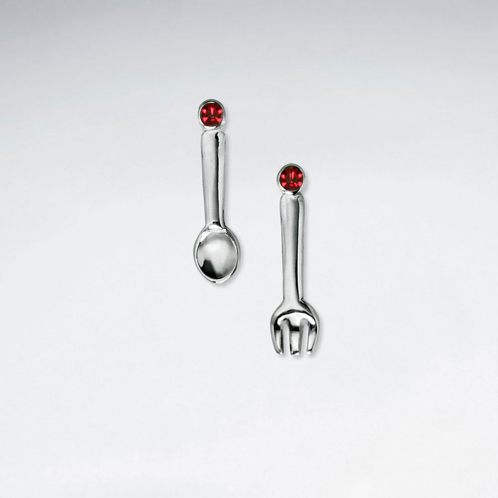 Spoon And Fork Stud Silver Earring With Orange CZ