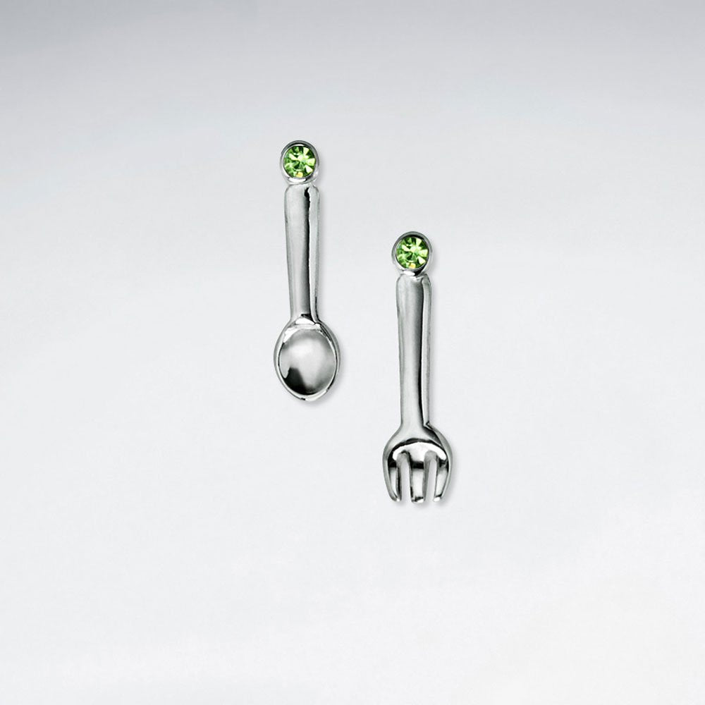 Spoon And Fork Stud Silver Earring With Orange CZ