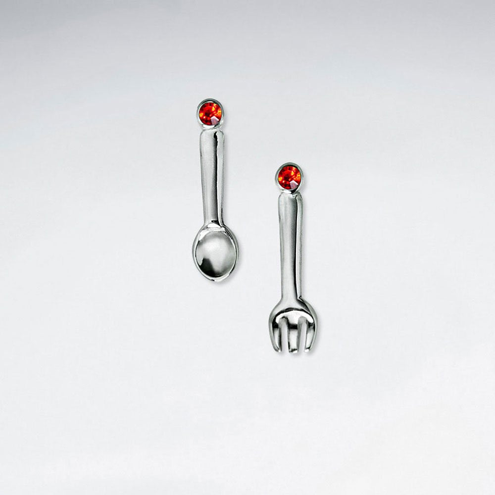Spoon And Fork Stud Silver Earring With Orange CZ
