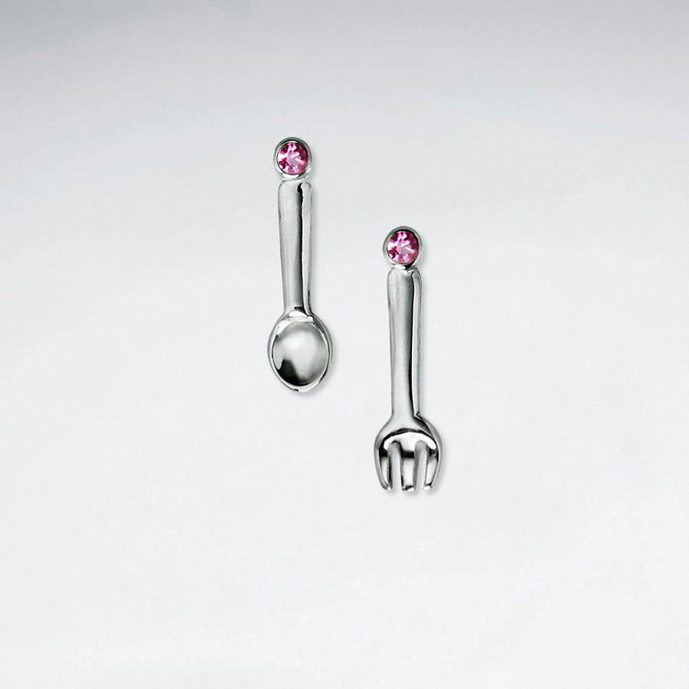 Spoon And Fork Stud Silver Earring With Orange CZ