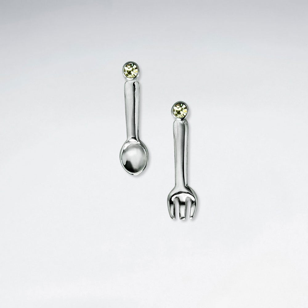 Spoon And Fork Stud Silver Earring With Orange CZ