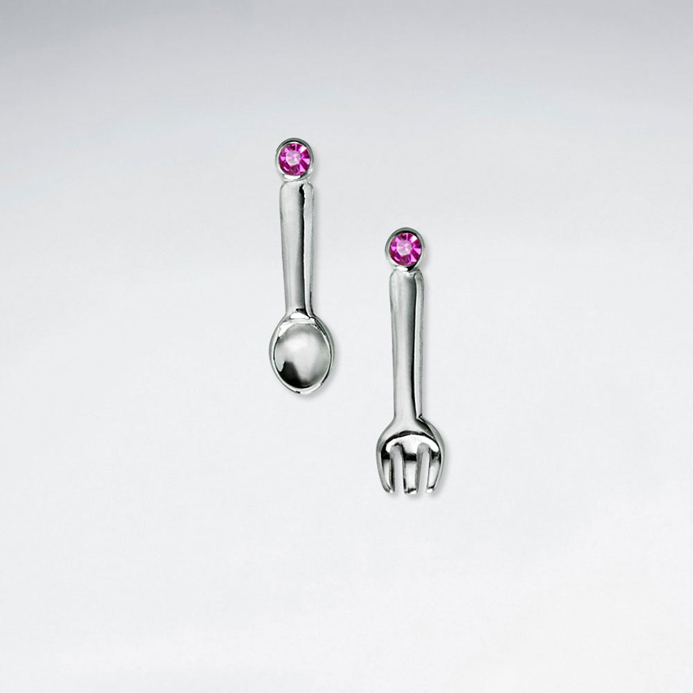 Spoon And Fork Stud Silver Earring With Orange CZ