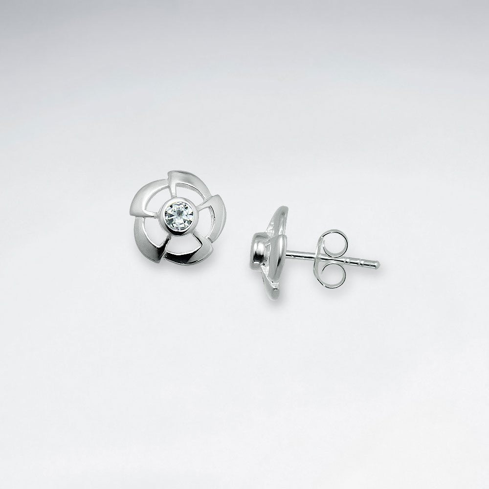 Fan Silver Stud Earring With CZ
