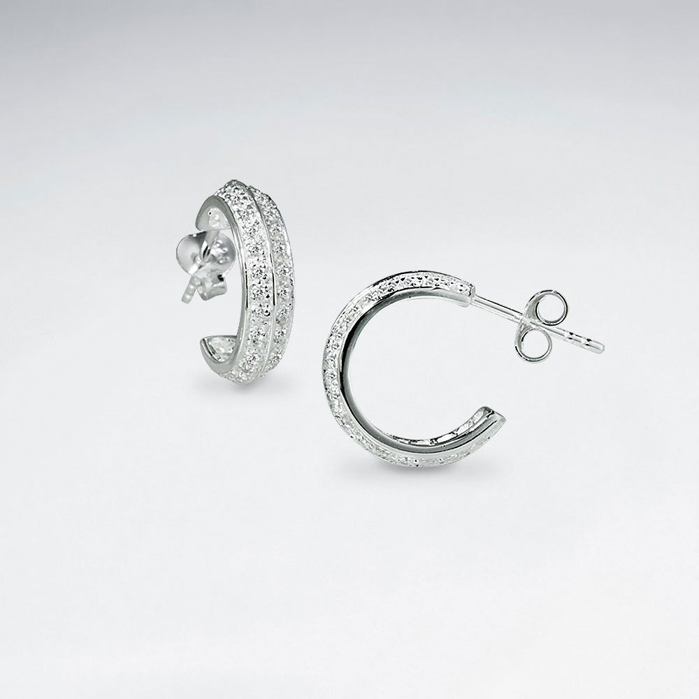 Textured Sterling Silver Half Hoop Stud Post Earrings