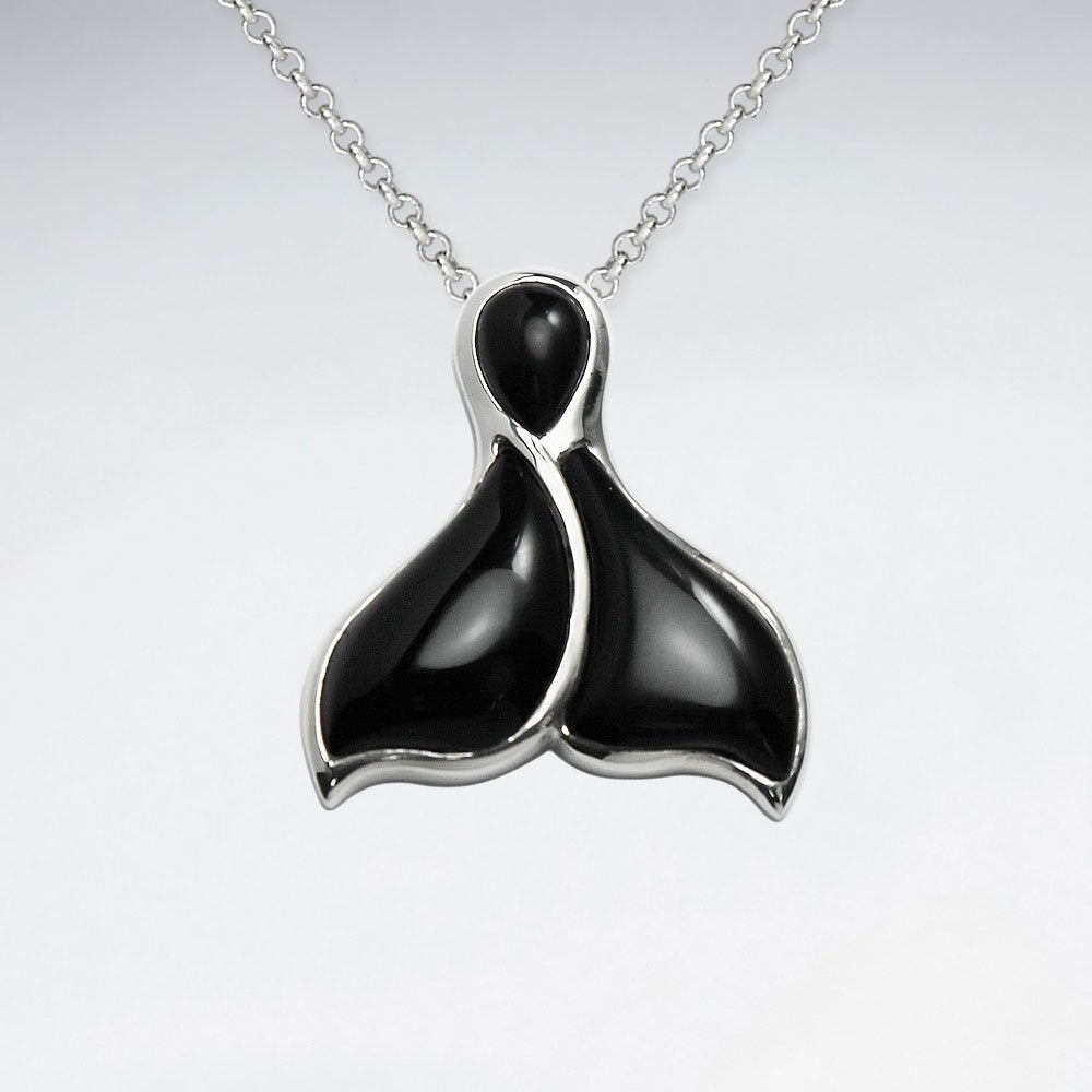 Black Stone  Whale Tail Silver Frame Pendant